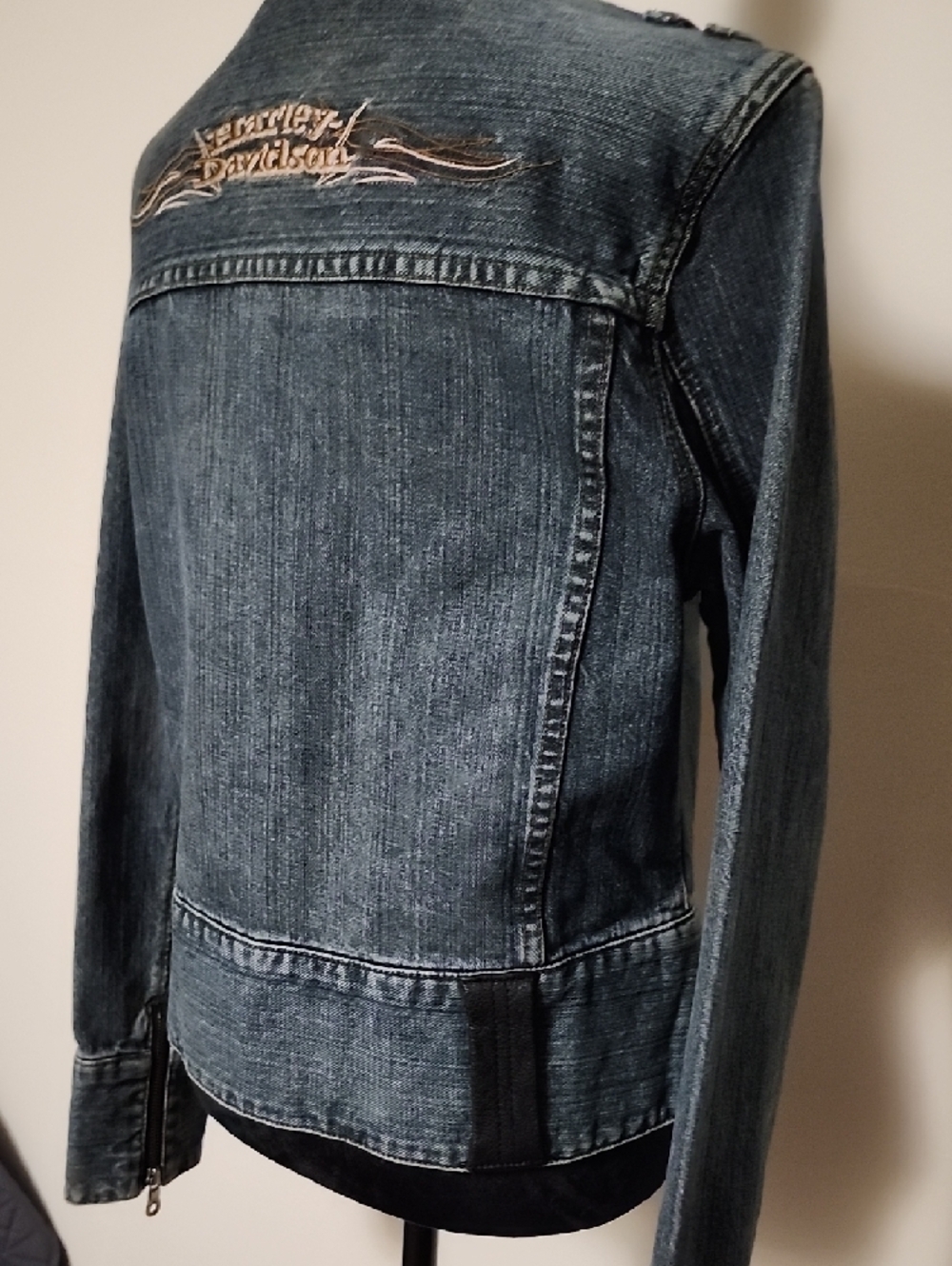 Harley-Davidson Denim Jacket Large Embroidered Logo Leather Trim Snap Front Zip - Picture 8 of 16